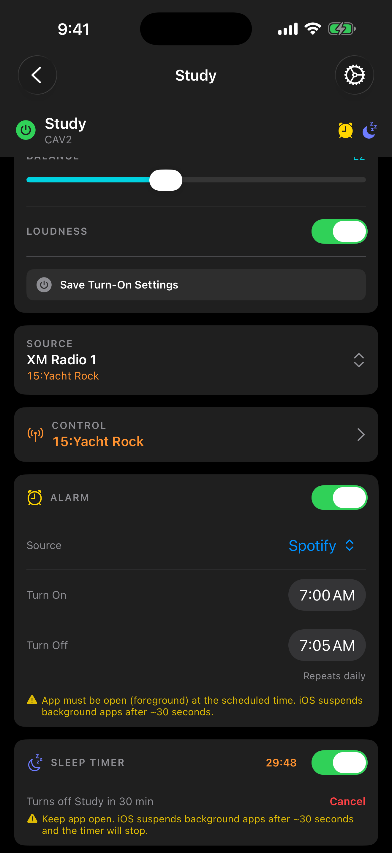 Alarm and sleep timer view