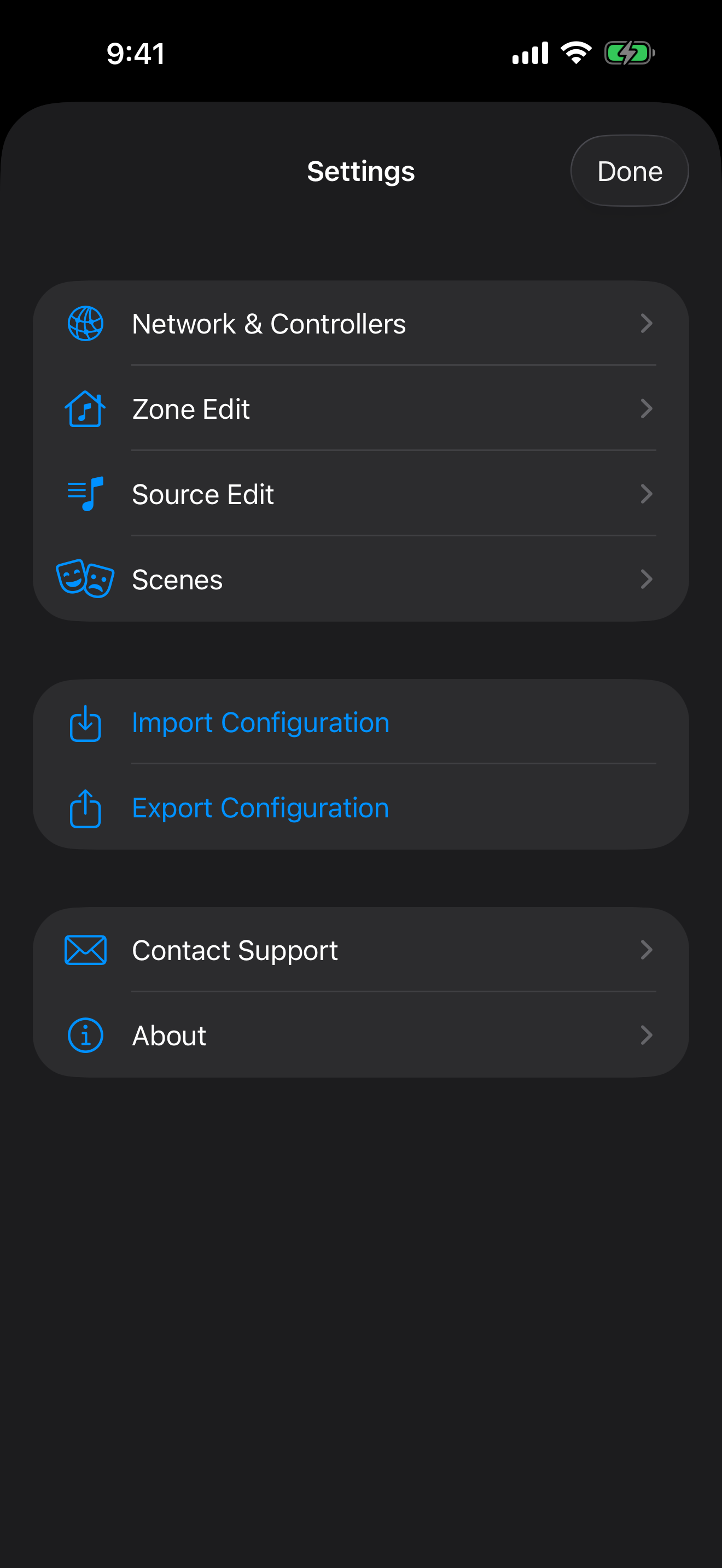 Settings with import, export, and configuration management